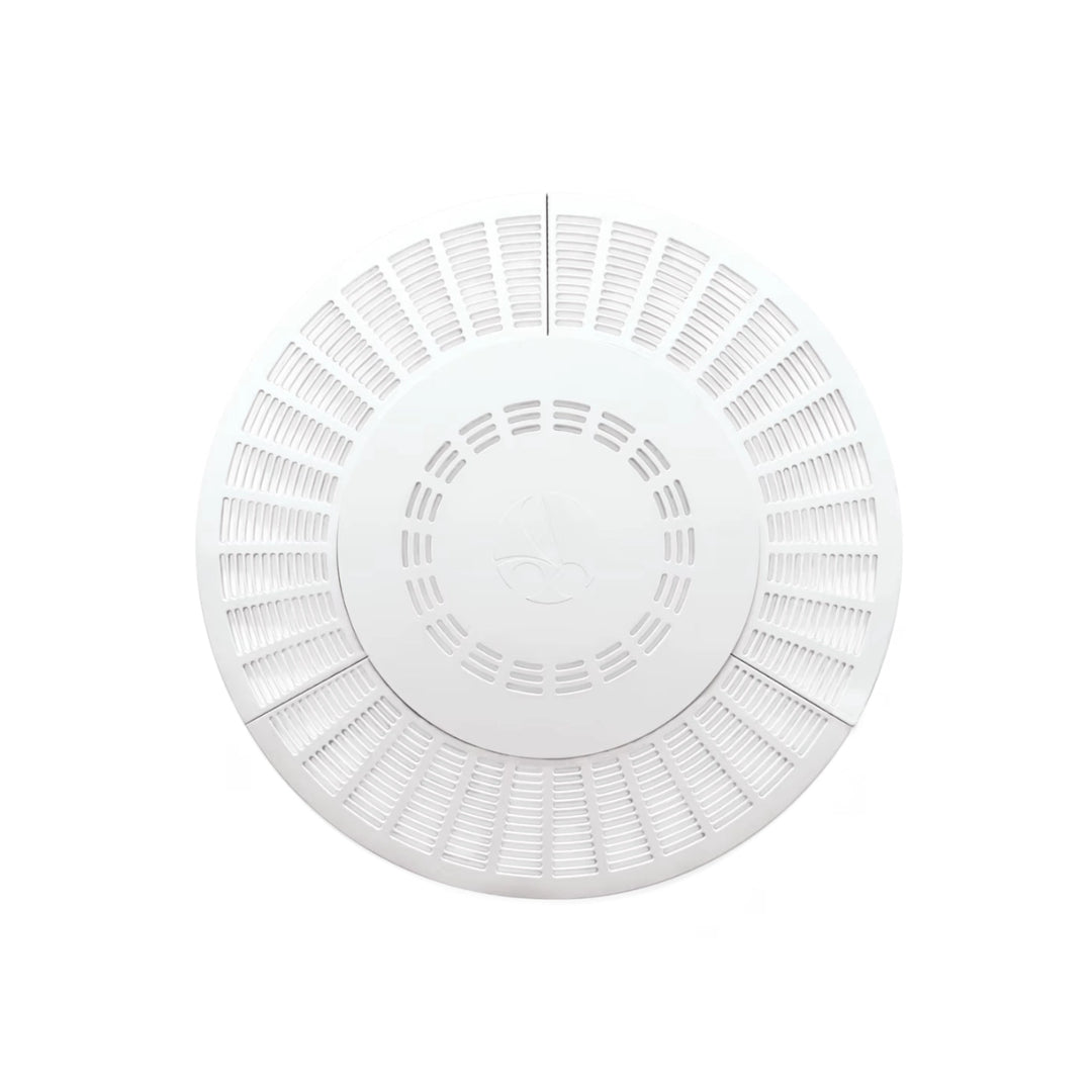 white circular pool drain outlet cover with multiple evenly spaced ventilation slots and a central circular section