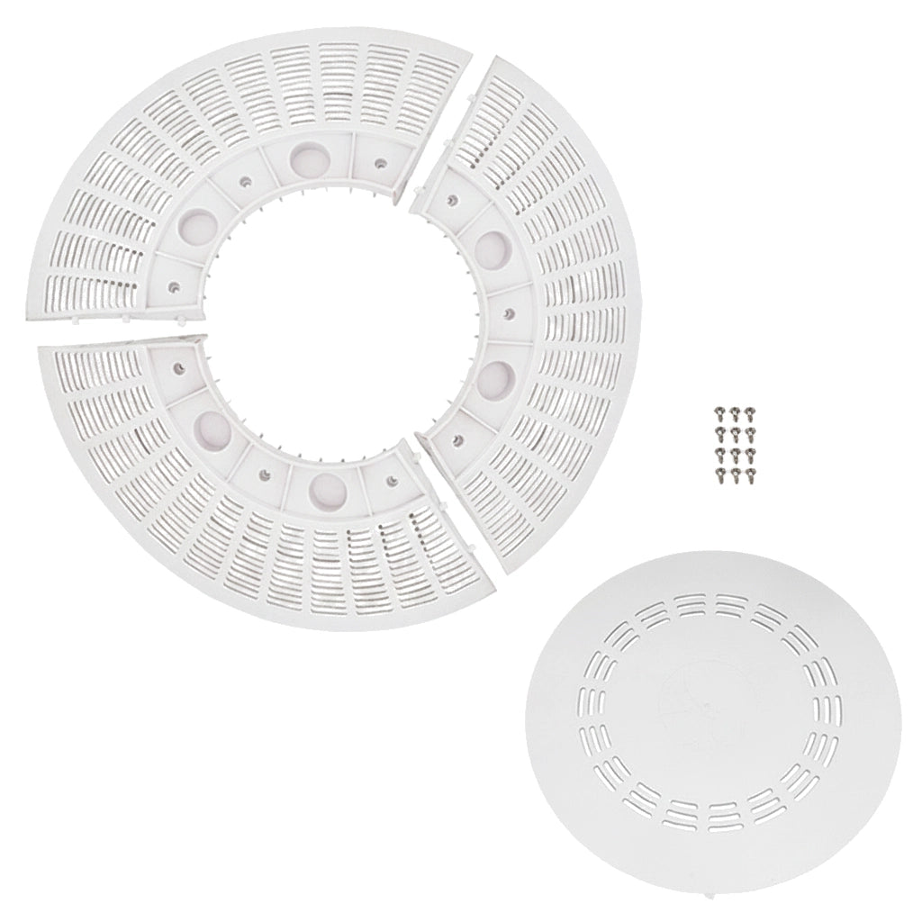 white circular pool drain outlet cover divided into four segments with ventilation slots and a smaller separate round vented cover with screws