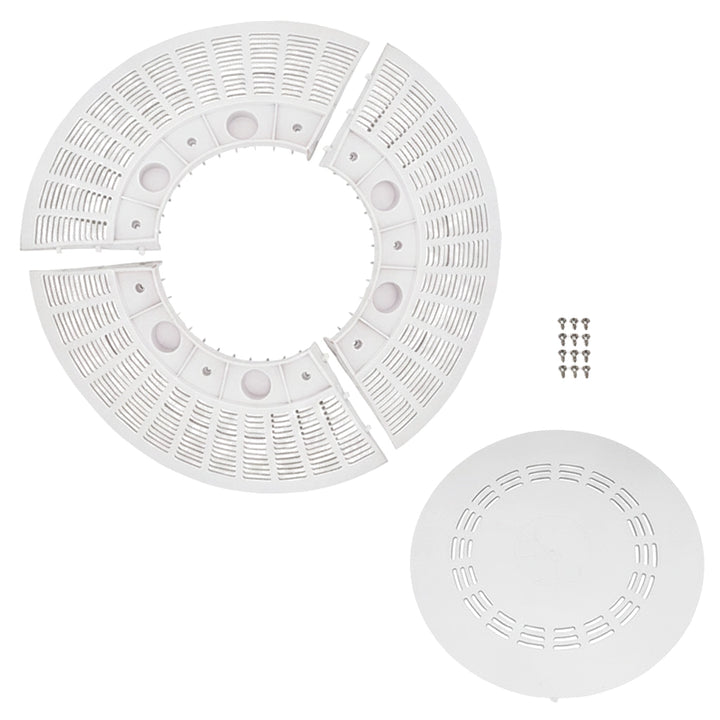 white circular pool drain outlet cover divided into four segments with ventilation slots and a smaller separate round vented cover with screws