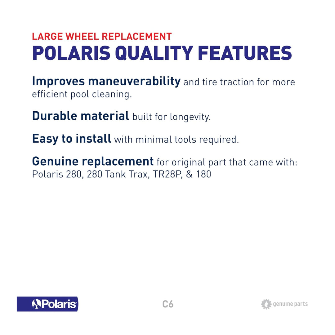 text listing Polaris large wheel replacement quality features including maneuverability, durable material, easy installation, and genuine replacement