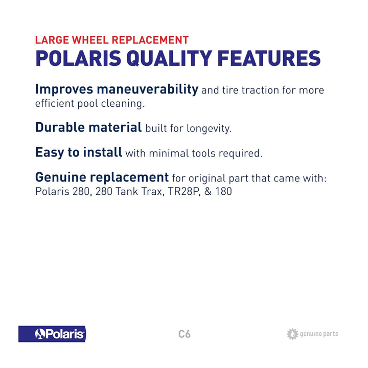 text listing Polaris large wheel replacement quality features including maneuverability, durable material, easy installation, and genuine replacement