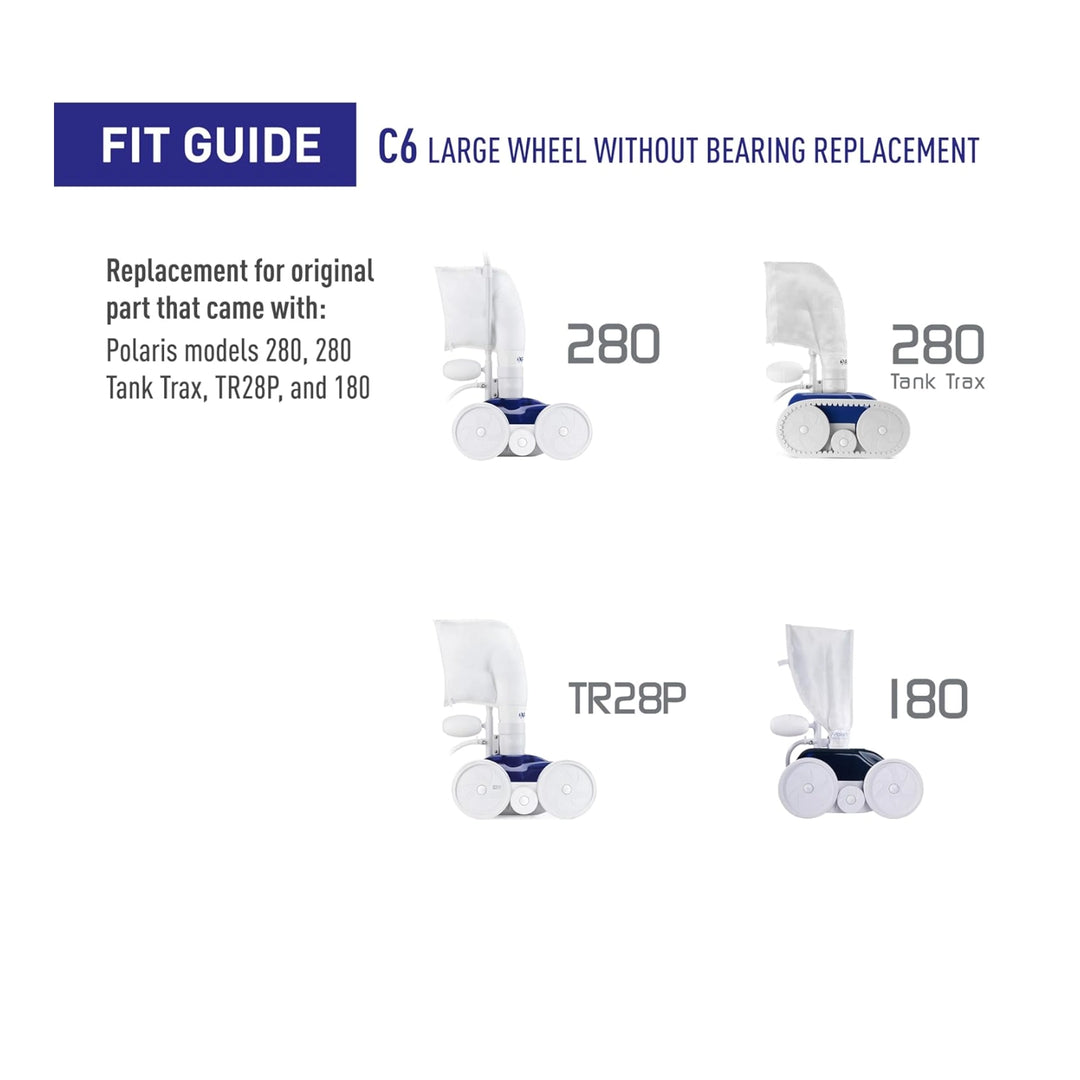 Four white and blue Polaris pool cleaner wheels with attached hoses shown as a fit guide for models 280, 280 Tank Trax, TR28P, and 180