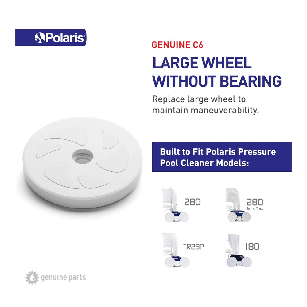 white large wheel without bearing designed for Polaris pool cleaners with a simple curved pattern and center hole for mounting