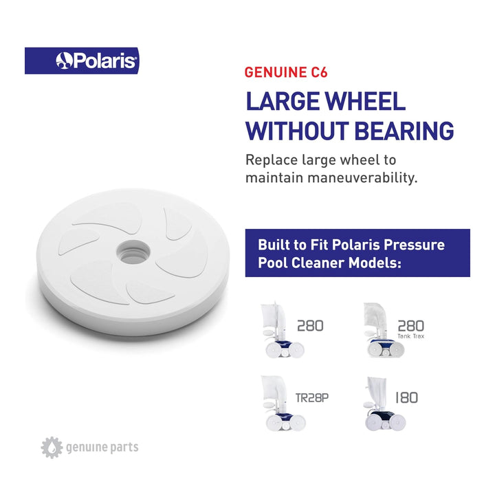 white large wheel without bearing designed for Polaris pool cleaners with a simple curved pattern and center hole for mounting