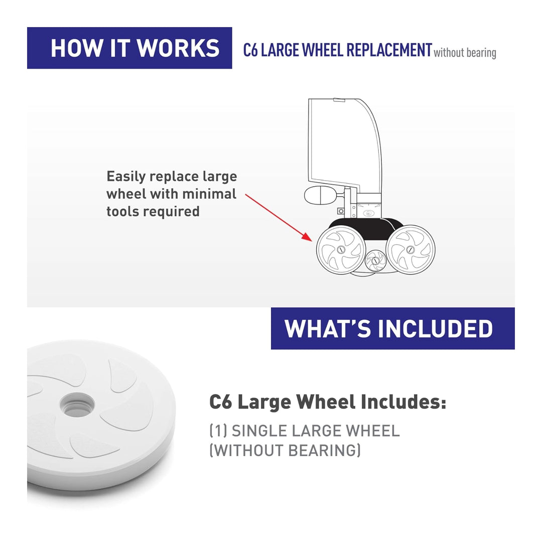Diagram showing Polaris C6 large wheel replacement process with a white large wheel part and illustration pointing to wheel on device