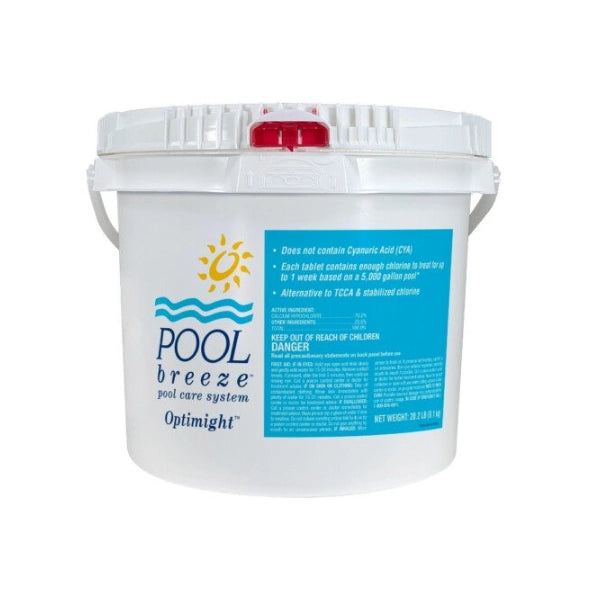 White plastic pail with red-latched lid, labeled Pool Breeze Optimight chlorine tablets, 20 lb size.