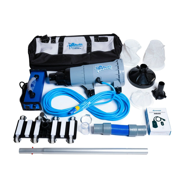 The Pro Bundle with VacDaddy 2.0, Vacuum to Waste Kit, Shallow Water Adapter, 28" Aluminum Adapter Pole, Carry Bag, Gunite Vac Head (with Rigid Handle), and Remote On/Off Switch