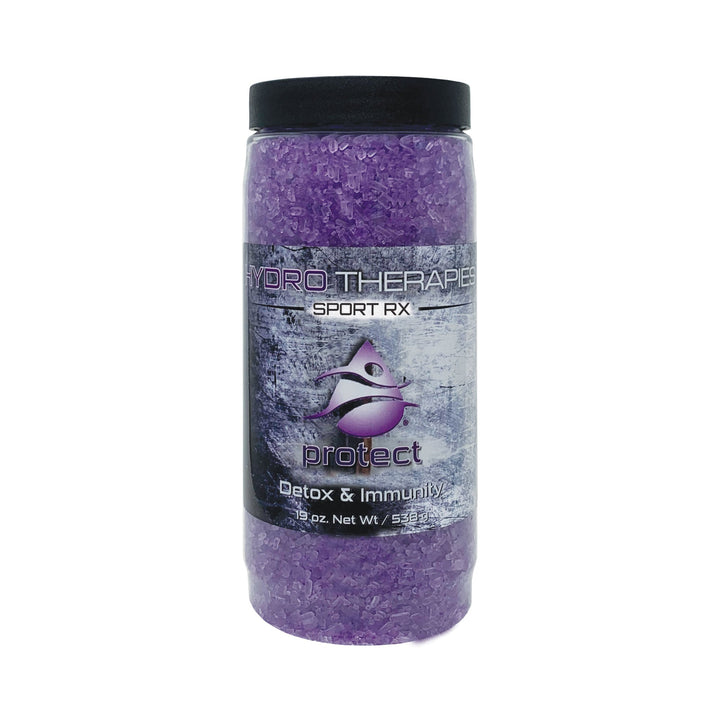 HydroTherapies Sport Rx Crystals 19oz clear plastic jar filled with purple bath crystals and black screw lid with textured product label