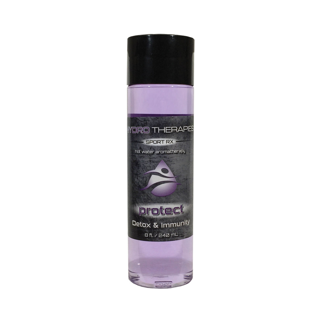 HydroTherapies 8oz Sport Rx Liquids bottle with black cap and purple liquid inside and dark label featuring protect detox and immunity text