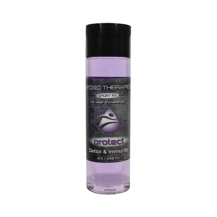 HydroTherapies 8oz Sport Rx Liquids bottle with black cap and purple liquid inside and dark label featuring protect detox and immunity text