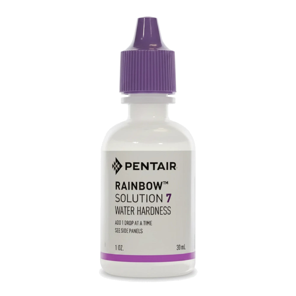 Small white plastic dropper bottle with purple cap labeled Pentair Rainbow Solution 7 water hardness one ounce