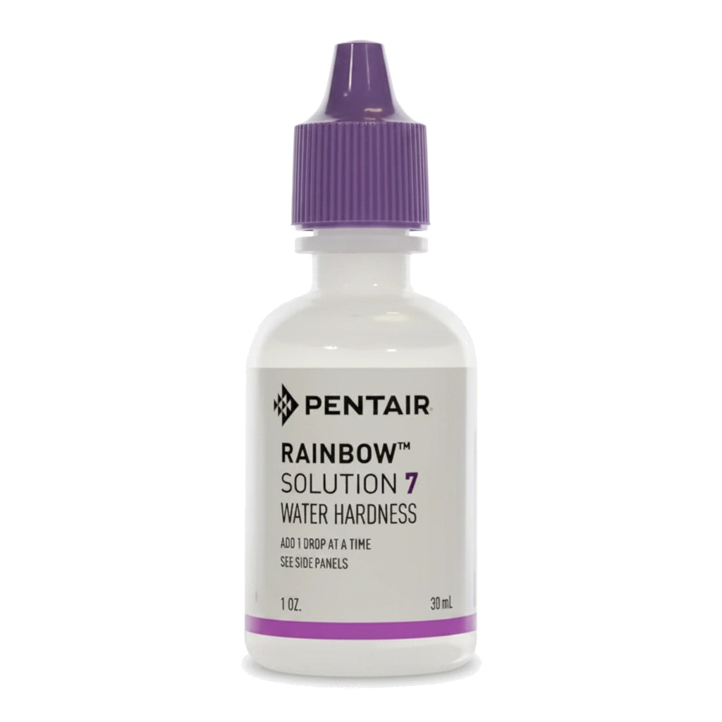 Small white plastic dropper bottle with purple cap labeled Pentair Rainbow Solution 7 water hardness one ounce