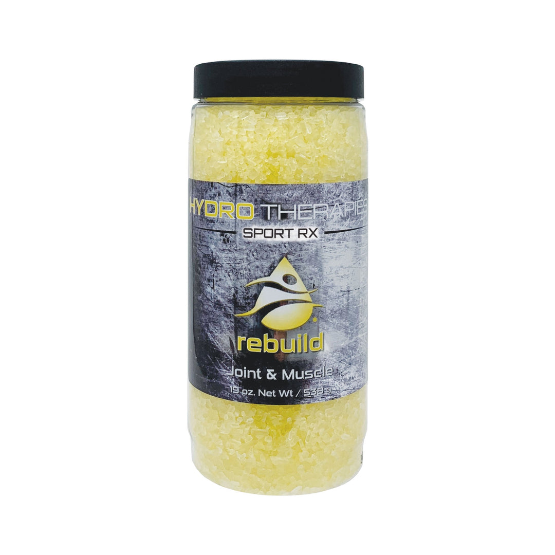 HydroTherapies Sport Rx Crystals 19oz clear plastic jar with black lid filled with yellow bath crystals and grey label with yellow and white text