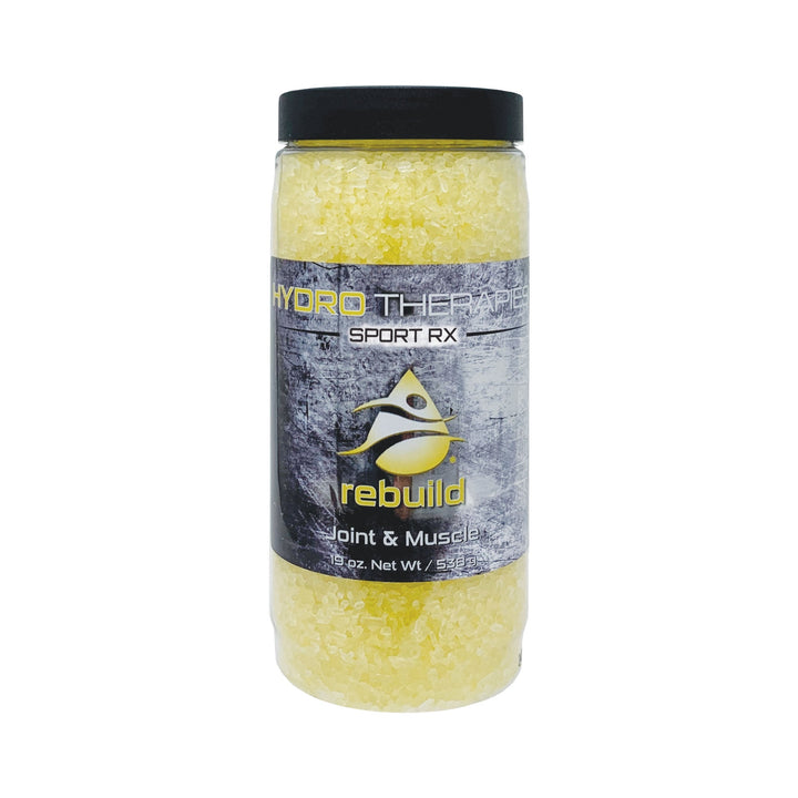 HydroTherapies Sport Rx Crystals 19oz clear plastic jar with black lid filled with yellow bath crystals and grey label with yellow and white text