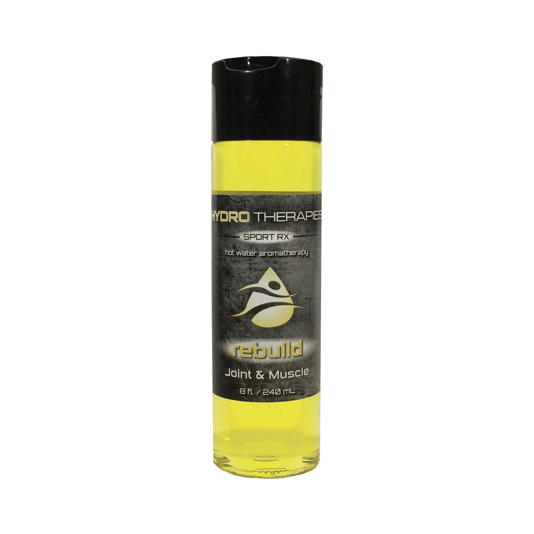 HydroTherapies 8oz Sport Rx Liquids bottle with yellow liquid and black label showing rebuild joint and muscle aromatherapy