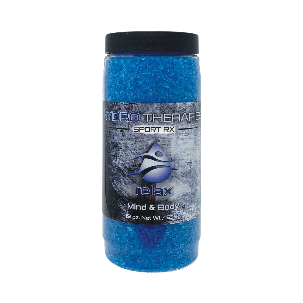 HydroTherapies Sport Rx Crystals 19oz clear plastic jar with black lid filled with bright blue crystals and gray label with blue and white text