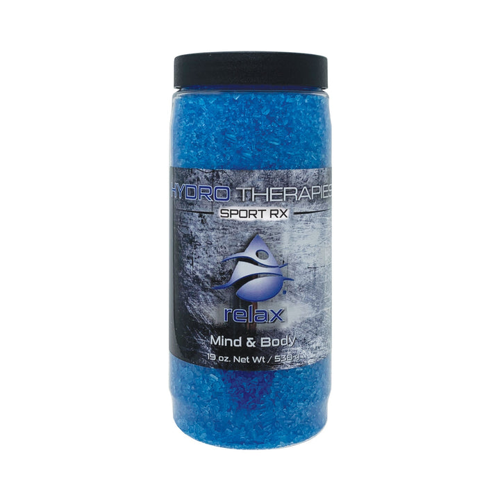 HydroTherapies Sport Rx Crystals 19oz clear plastic jar with black lid filled with bright blue crystals and gray label with blue and white text
