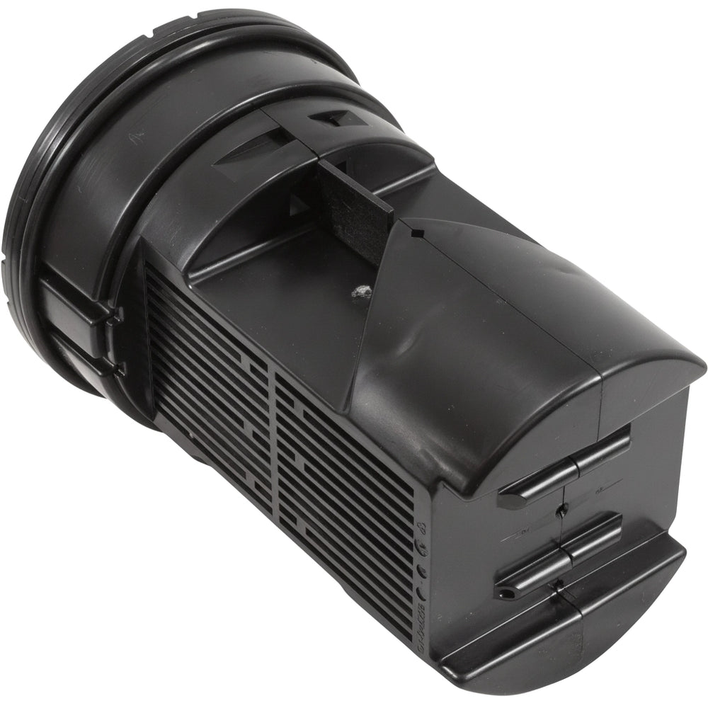 Black plastic Hayward Salt and Swim 3C salt chlorine generator cell housing with ribbed vents and threaded union end.