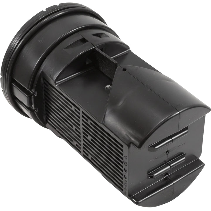 Black plastic Hayward Salt and Swim 3C salt chlorine generator cell housing with ribbed vents and threaded union end.