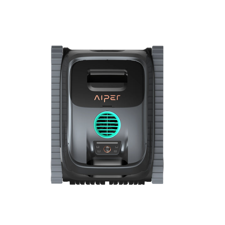 Aiper Scuba P1 robotic pool cleaner, front view with gray caterpillar treads and teal vent grille.
