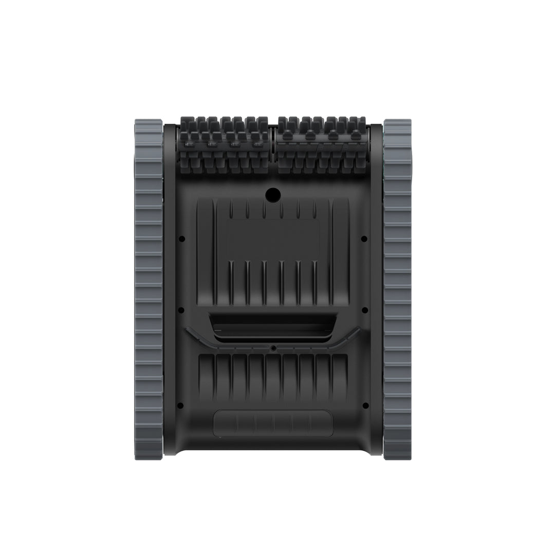 Bottom view of the Aiper Scuba P1 robotic pool cleaner showing dual caterpillar treads and brush rollers.