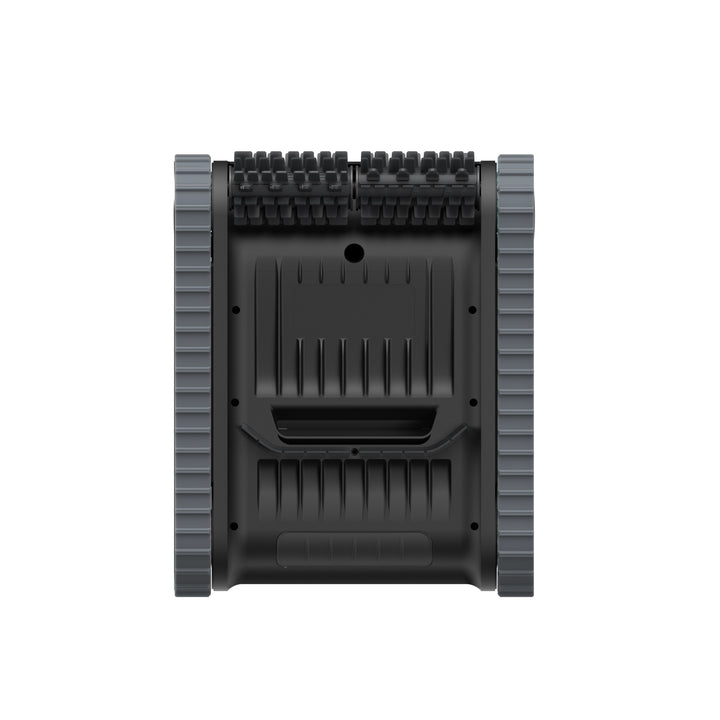 Bottom view of the Aiper Scuba P1 robotic pool cleaner showing dual caterpillar treads and brush rollers.
