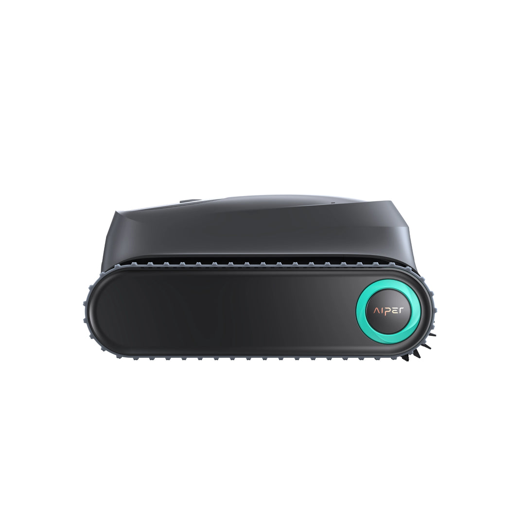 Front view of the black Aiper Scuba P1 robotic pool cleaner with teal power button and caterpillar treads.