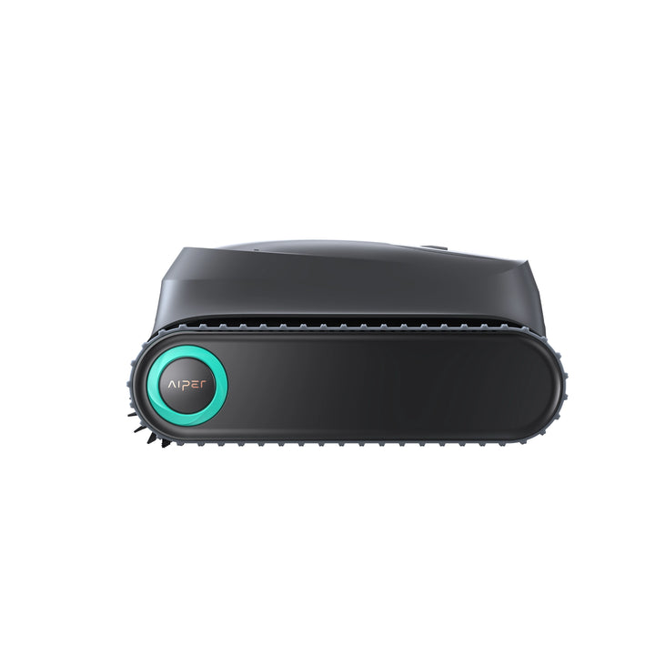 Front view of the Aiper Scuba P1 robotic pool cleaner in black with teal power button and caterpillar treads.