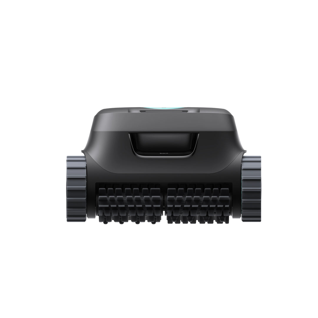 Front view of the Aiper Scuba P1 robotic pool cleaner, black body with dual brush rollers and caterpillar treads.