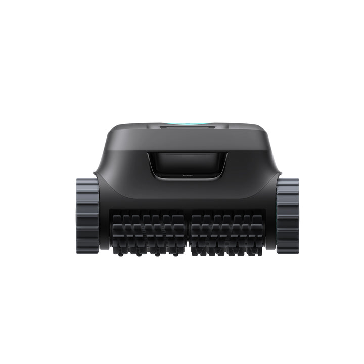 Front view of the Aiper Scuba P1 robotic pool cleaner, black body with dual brush rollers and caterpillar treads.
