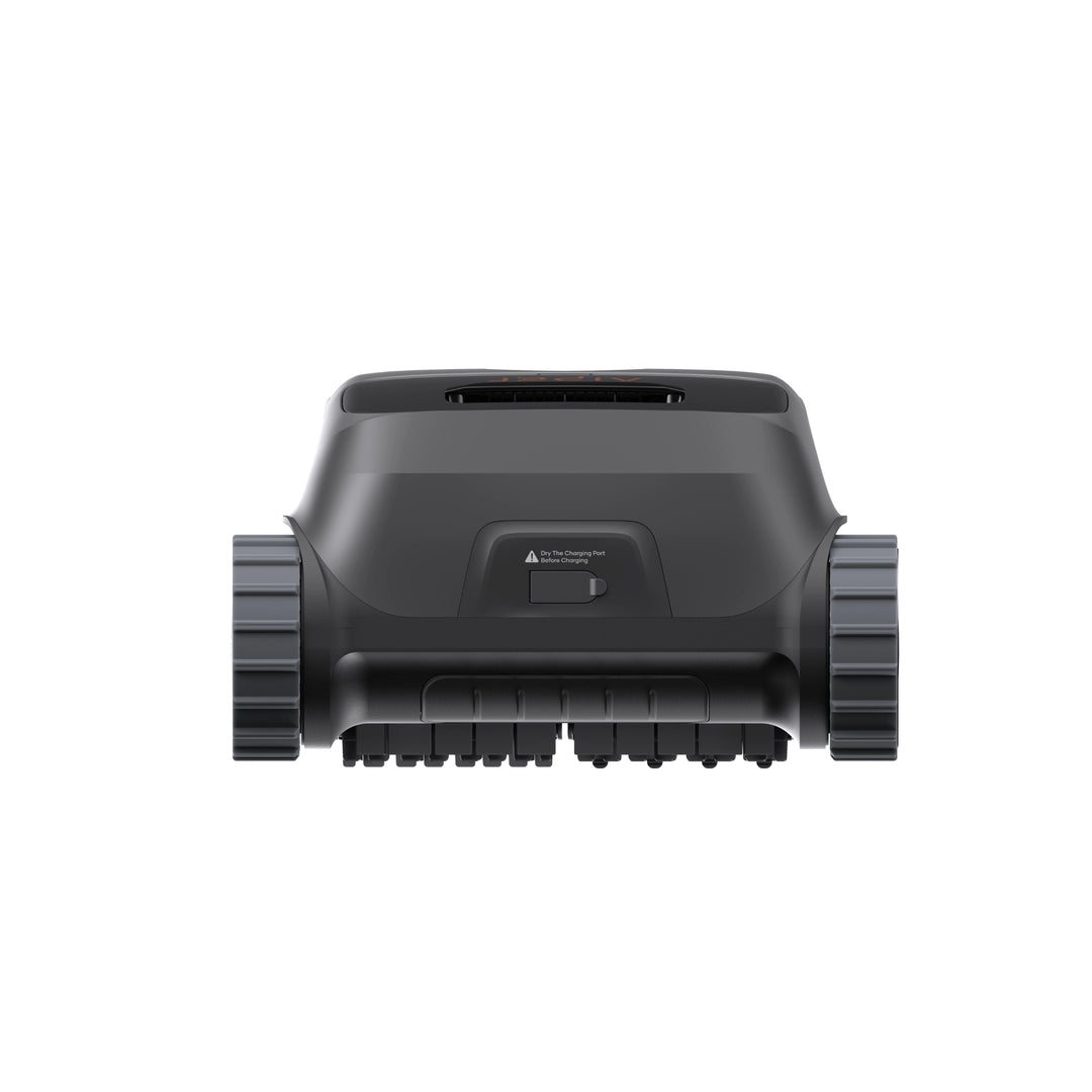 Front view of the black Aiper Scuba P1 robotic pool cleaner showing dual caterpillar treads and charging port.