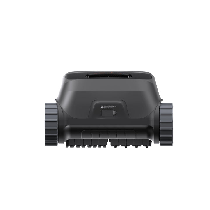 Front view of the black Aiper Scuba P1 robotic pool cleaner showing dual caterpillar treads and charging port.