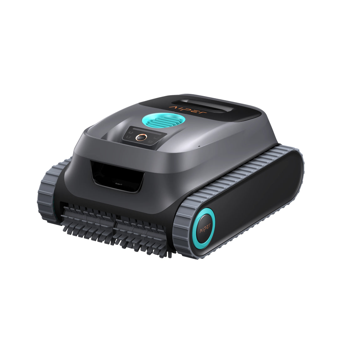 Aiper Scuba P1 cordless robotic pool cleaner in gray and black with teal accents and caterpillar treads.