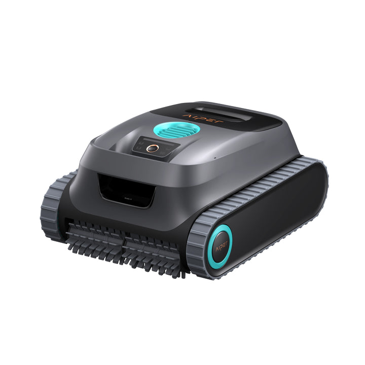Aiper Scuba P1 cordless robotic pool cleaner in gray and black with teal accents and caterpillar treads.