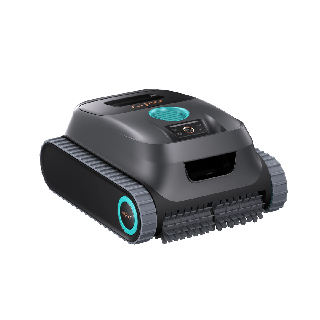 Aiper Scuba P1 cordless robotic pool cleaner in dark gray with teal accents and caterpillar treads.