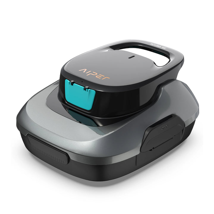 Aiper Scuba SE cordless robotic pool cleaner in black and gray with teal flip-up handle and carry grip.
