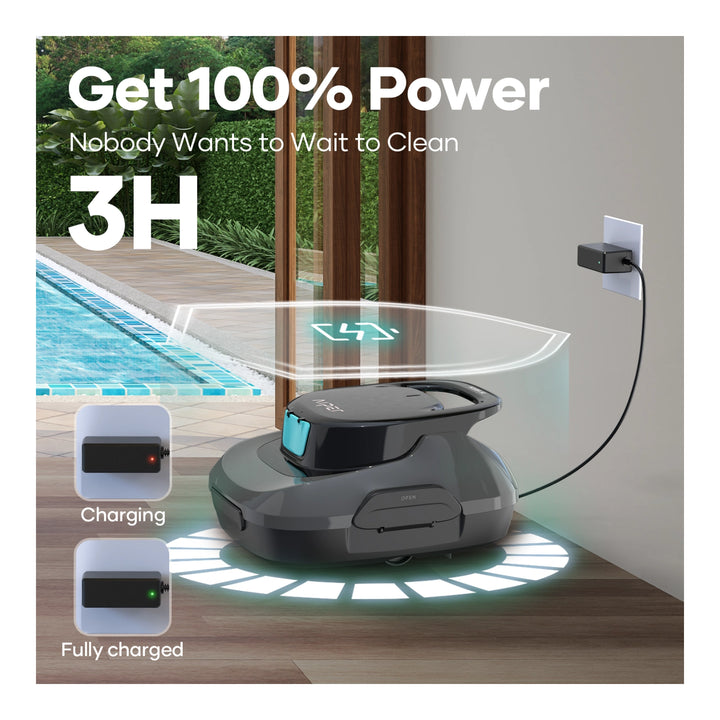 Aiper Scuba SE robotic pool cleaner in gray, plugged into wall charger beside a pool, with battery indicator icons