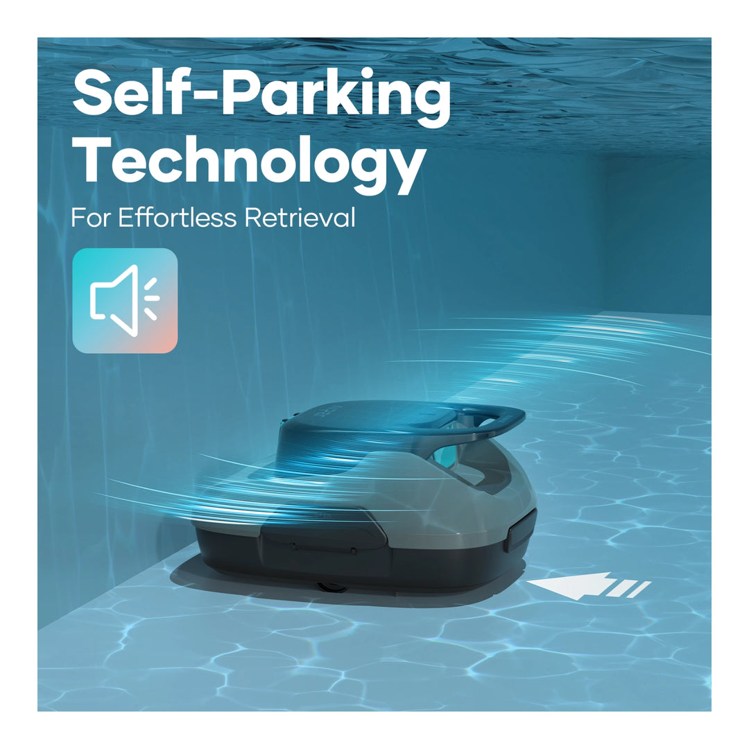 Aiper Scuba SE cordless robotic pool cleaner self-parking at the edge of an underwater pool floor