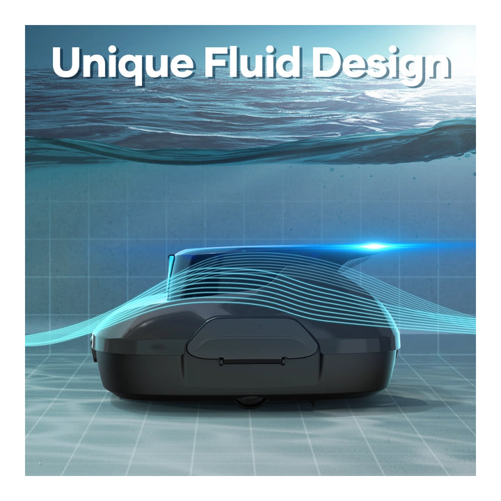Underwater side view of the black Aiper Scuba SE cordless robotic pool cleaner with motion lines showing water flow.
