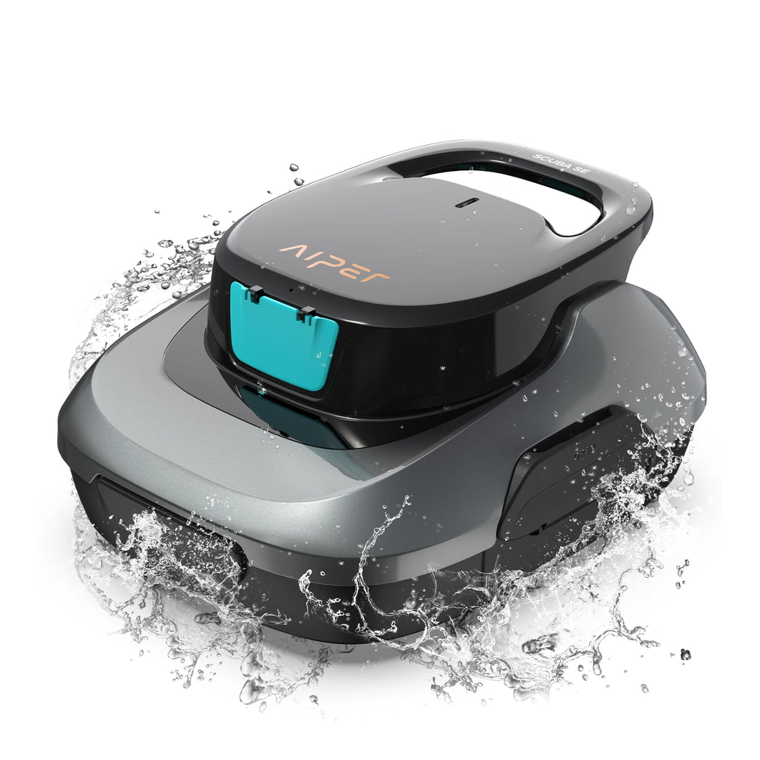 Aiper Scuba SE cordless robotic pool cleaner in black and gray with teal filter door, splashing water around it