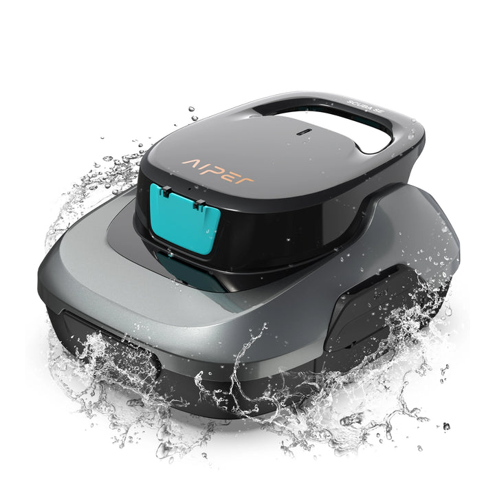 Aiper Scuba SE cordless robotic pool cleaner in black and gray with teal filter door, splashing water around it