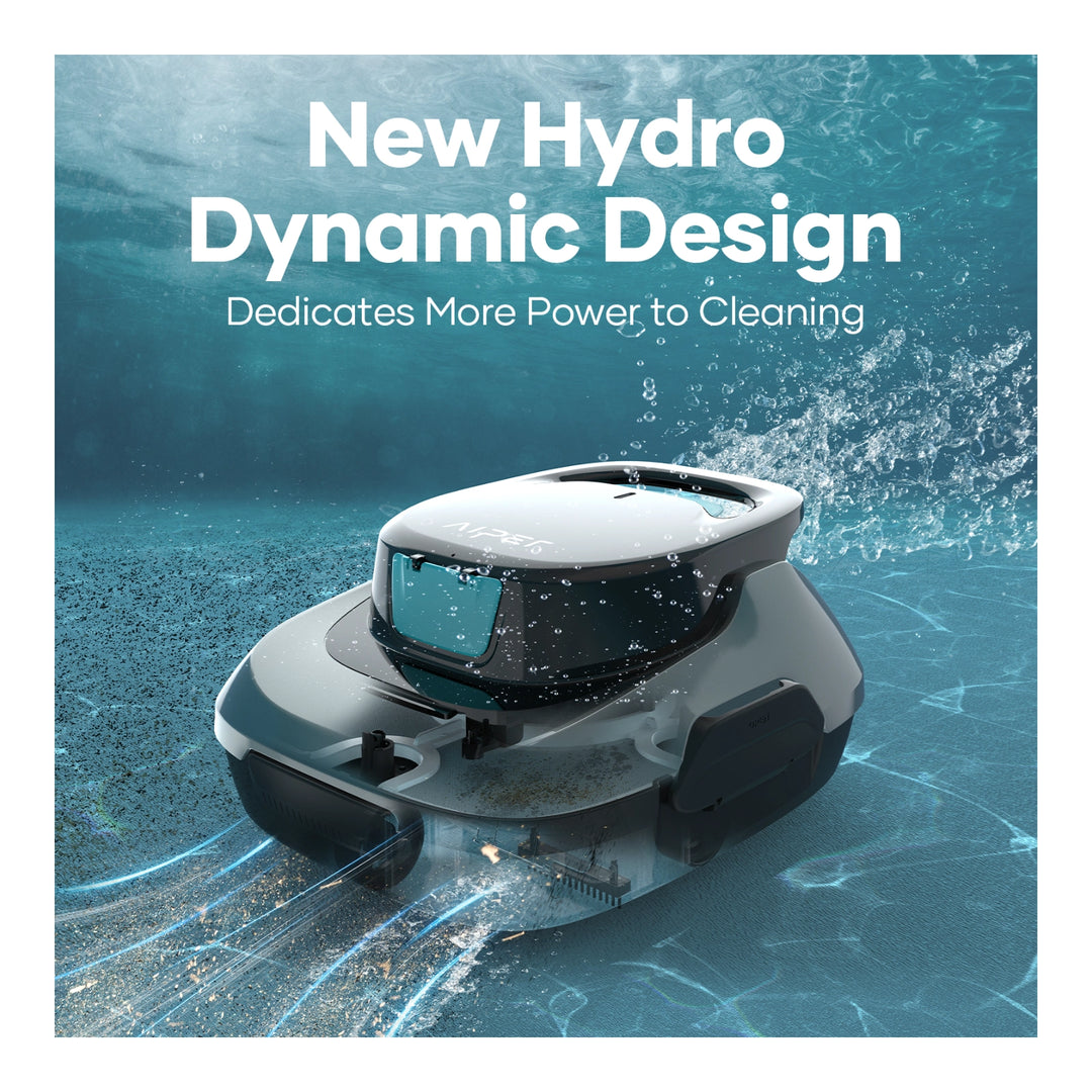 Aiper Scuba SE cordless robotic pool cleaner submerged underwater, black and gray body with visible intake vents
