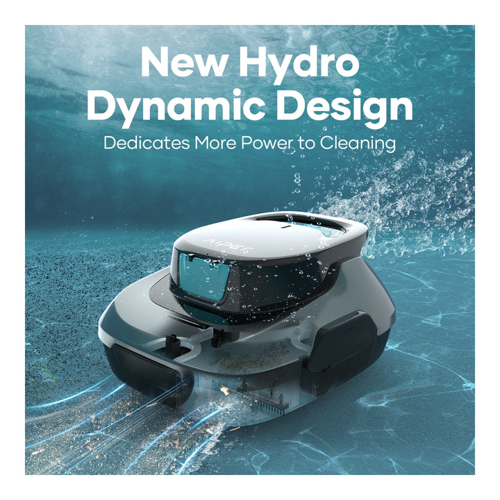 Aiper Scuba SE cordless robotic pool cleaner submerged underwater, black and gray body with visible intake vents