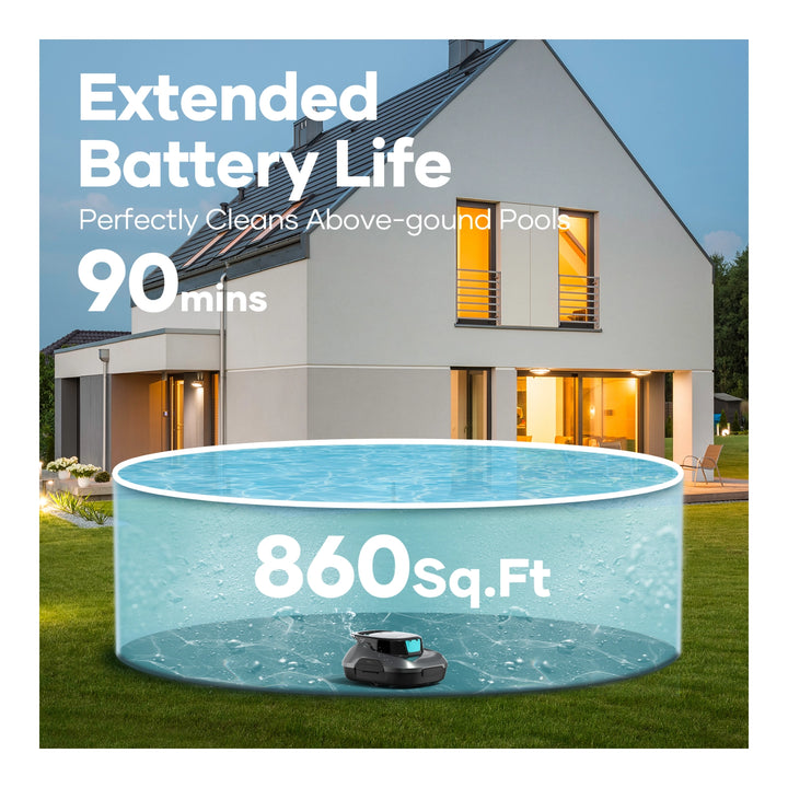 Aiper Scuba SE black robotic pool cleaner submerged in an above-ground pool beside a house, with 860 Sq.Ft and 90 mins text.