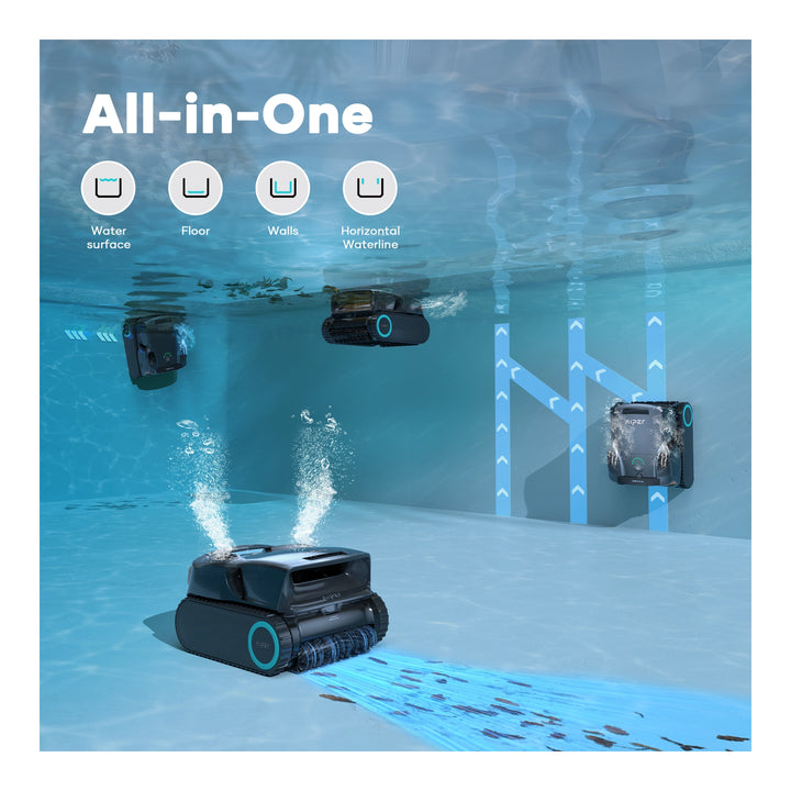 Aiper Scuba X1 Pro Max cordless robotic pool cleaners shown cleaning pool floor, walls, and waterline underwater.
