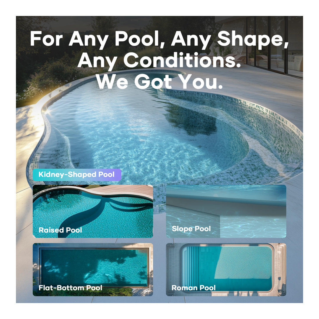 Collage showing kidney, raised, slope, flat-bottom, and Roman pool shapes suited for the Aiper Scuba X1 Pro Max cleaner