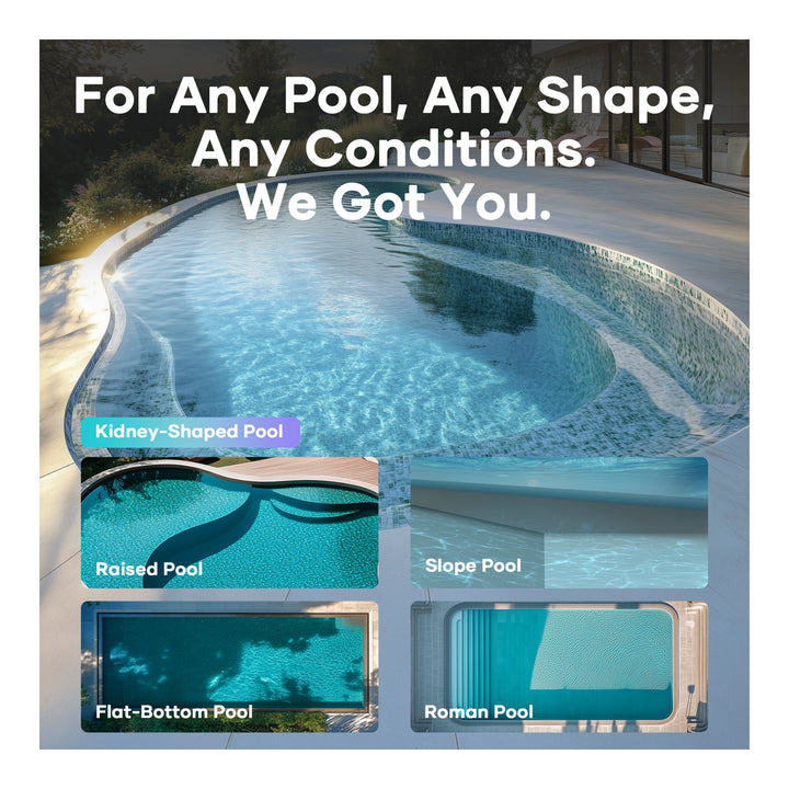 Collage showing kidney, raised, slope, flat-bottom, and Roman pool shapes suited for the Aiper Scuba X1 Pro Max cleaner
