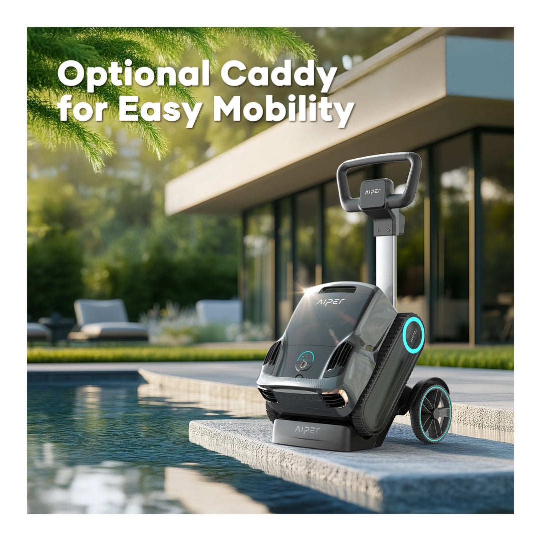Aiper Scuba X1 Pro Max cordless robotic pool cleaner on wheeled caddy beside a pool, teal LED ring lit