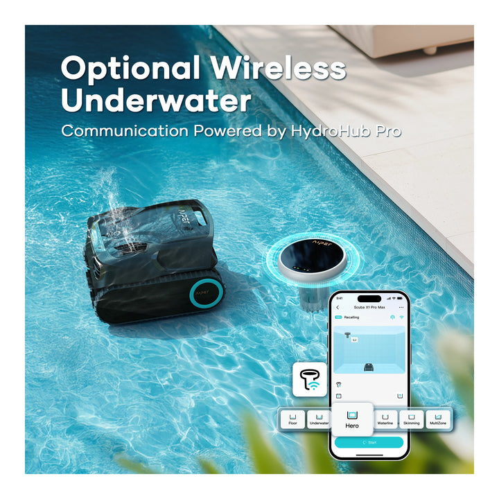 Aiper Scuba X1 Pro Max robotic pool cleaner in water beside HydroHub Pro dock and phone app screen