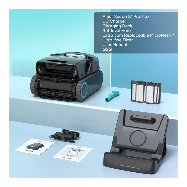 Aiper Scuba X1 Pro Max robotic pool cleaner with charging dock, DC charger, filter, hook, and manuals laid out on shelves.